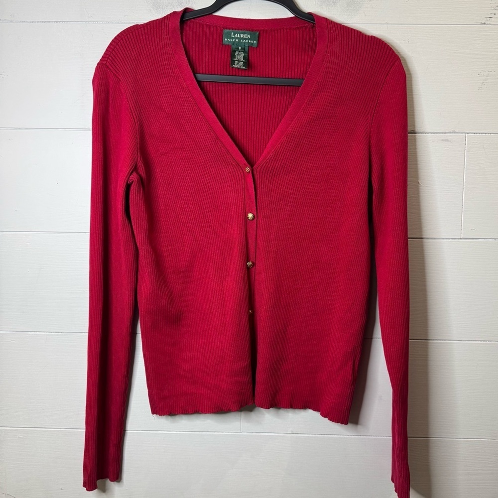 Lauren Ralph Lauren | Silk Blend Red V-Neck Women's Sweater Cardigan Size Small